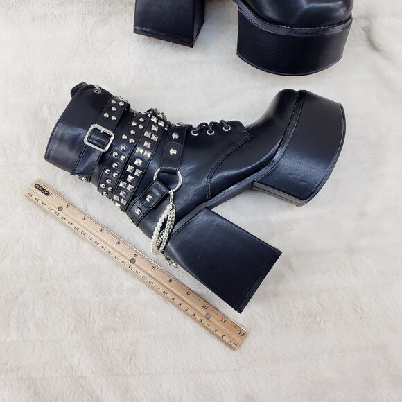Power Stomper Black Chain Stud Strap Goth Punk Platform Block Heel Ankle Boots - Picture 11 of 13